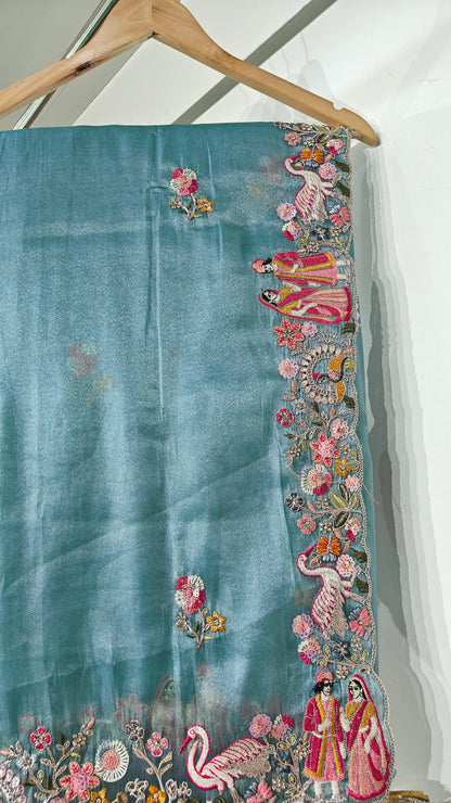 Ice Blue Organza Sequins Dulha-Dulhan Work Saree