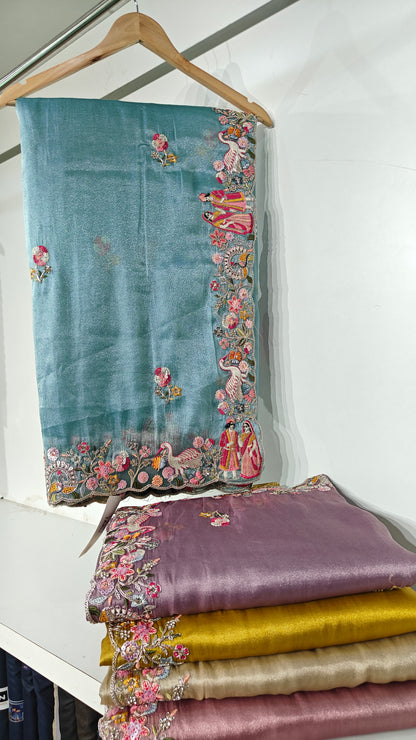 Ice Blue Organza Sequins Dulha-Dulhan Work Saree