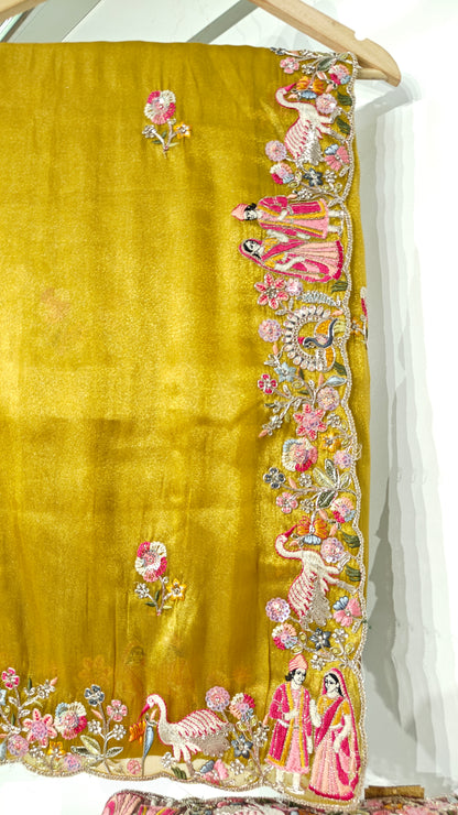 Golden Yellow Organza Sequins Dulha-Dulhan Work Saree