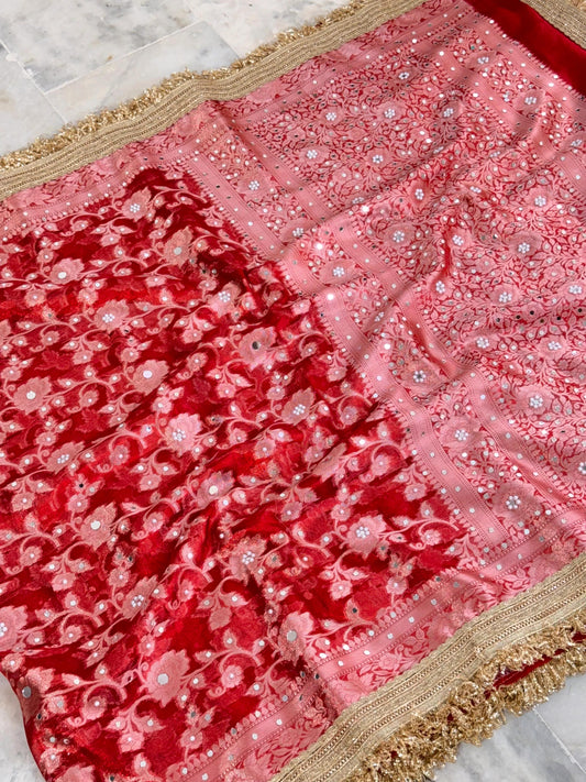 Red Banarasi Soft Maharani Glass Tissue Silk Saree