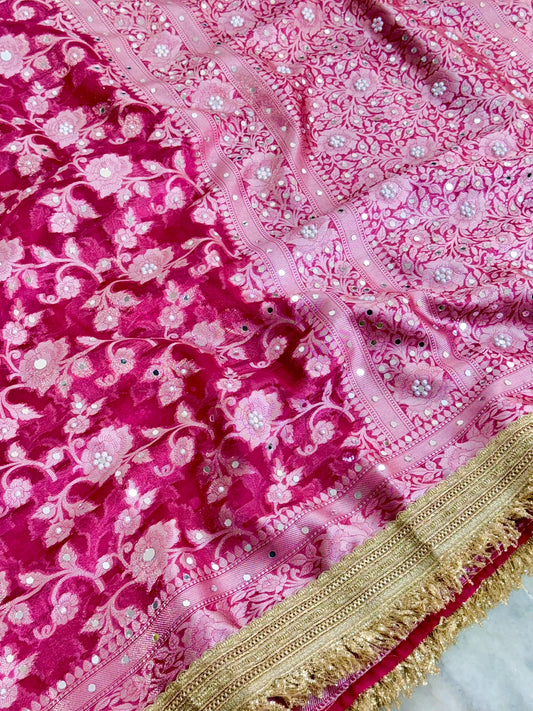 Rani Pink Banarasi Soft Maharani Glass Tissue Silk Saree