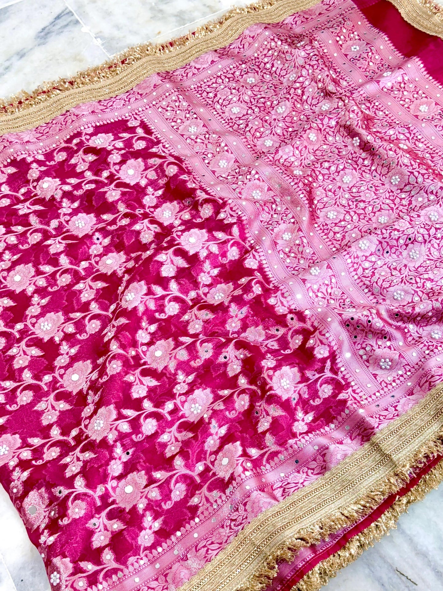Rani Pink Banarasi Soft Maharani Glass Tissue Silk Saree