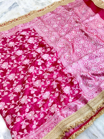 Rani Pink Banarasi Soft Maharani Glass Tissue Silk Saree