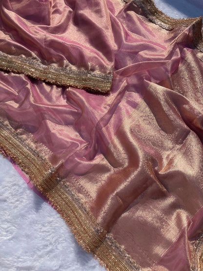 Pink Banarasi Soft Glass Tissue Silk Saree