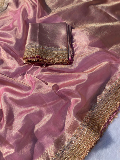 Pink Banarasi Soft Glass Tissue Silk Saree
