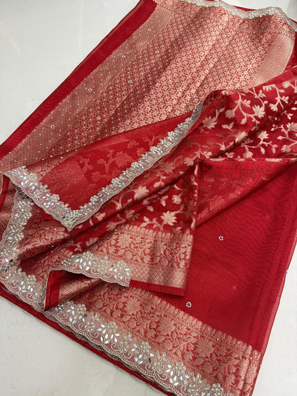 Red Banarasi Soft Tissue Silk Saree