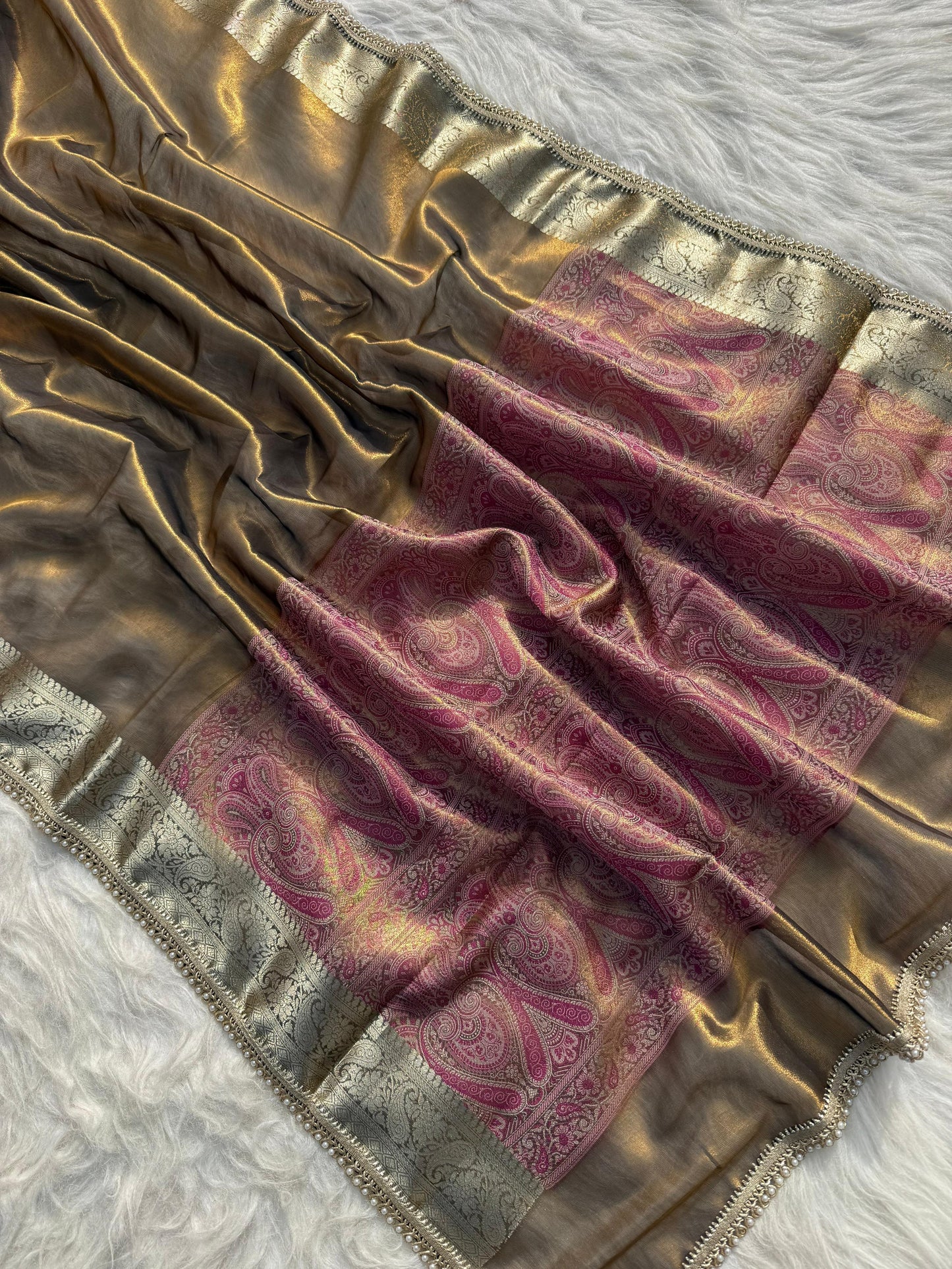Golden Yellow Soft Tissue Pashmina Silk Saree