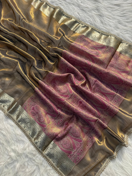 Golden Yellow Soft Tissue Pashmina Silk Saree