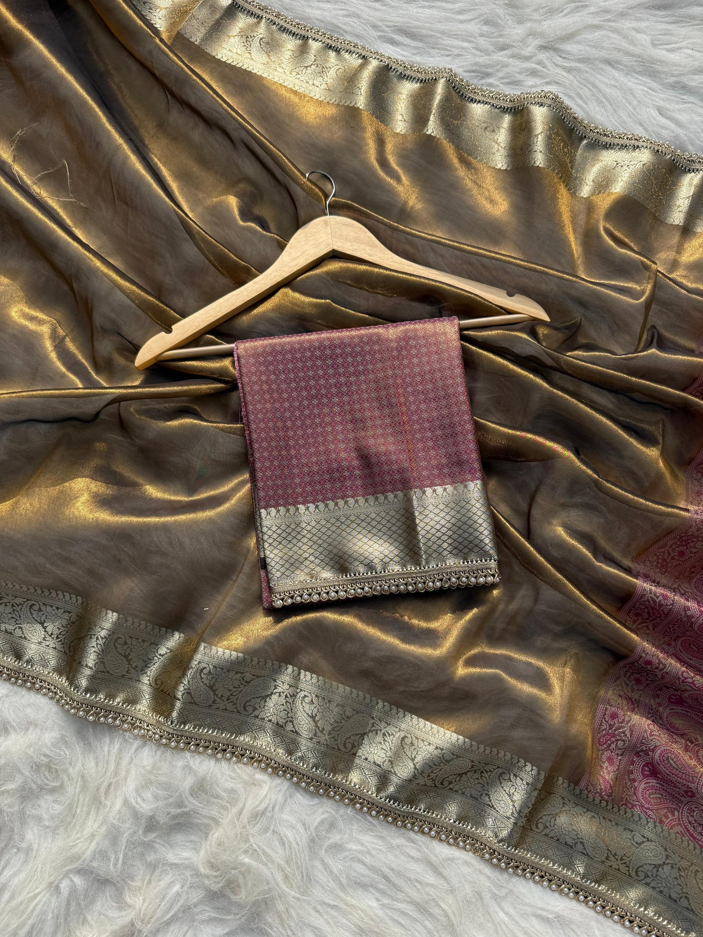 Golden Yellow Soft Tissue Pashmina Silk Saree