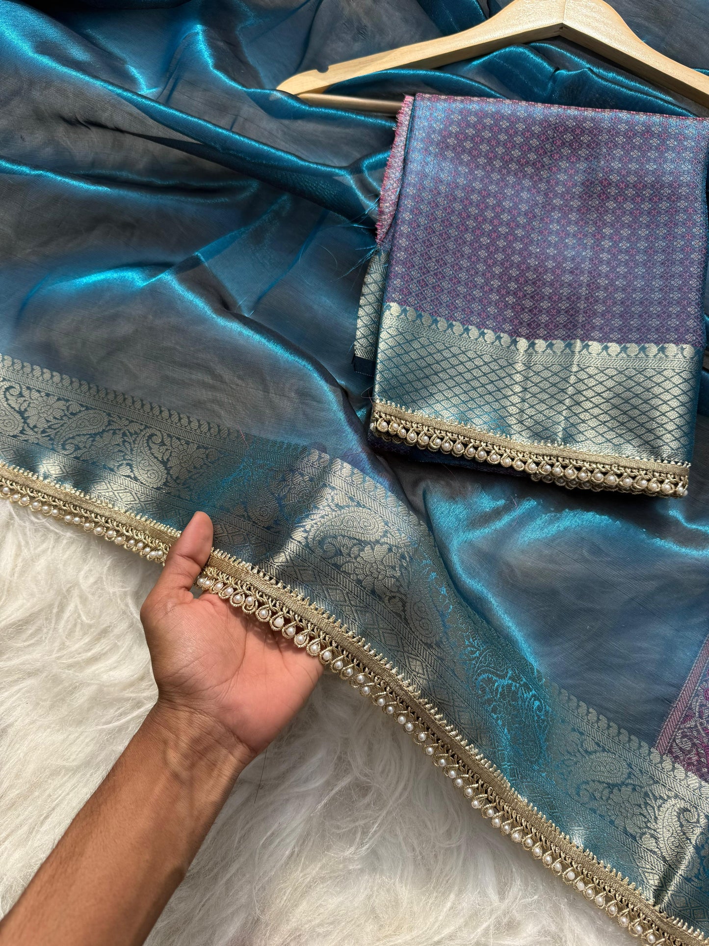 Sky Blue Soft Tissue Pashmina Silk Saree