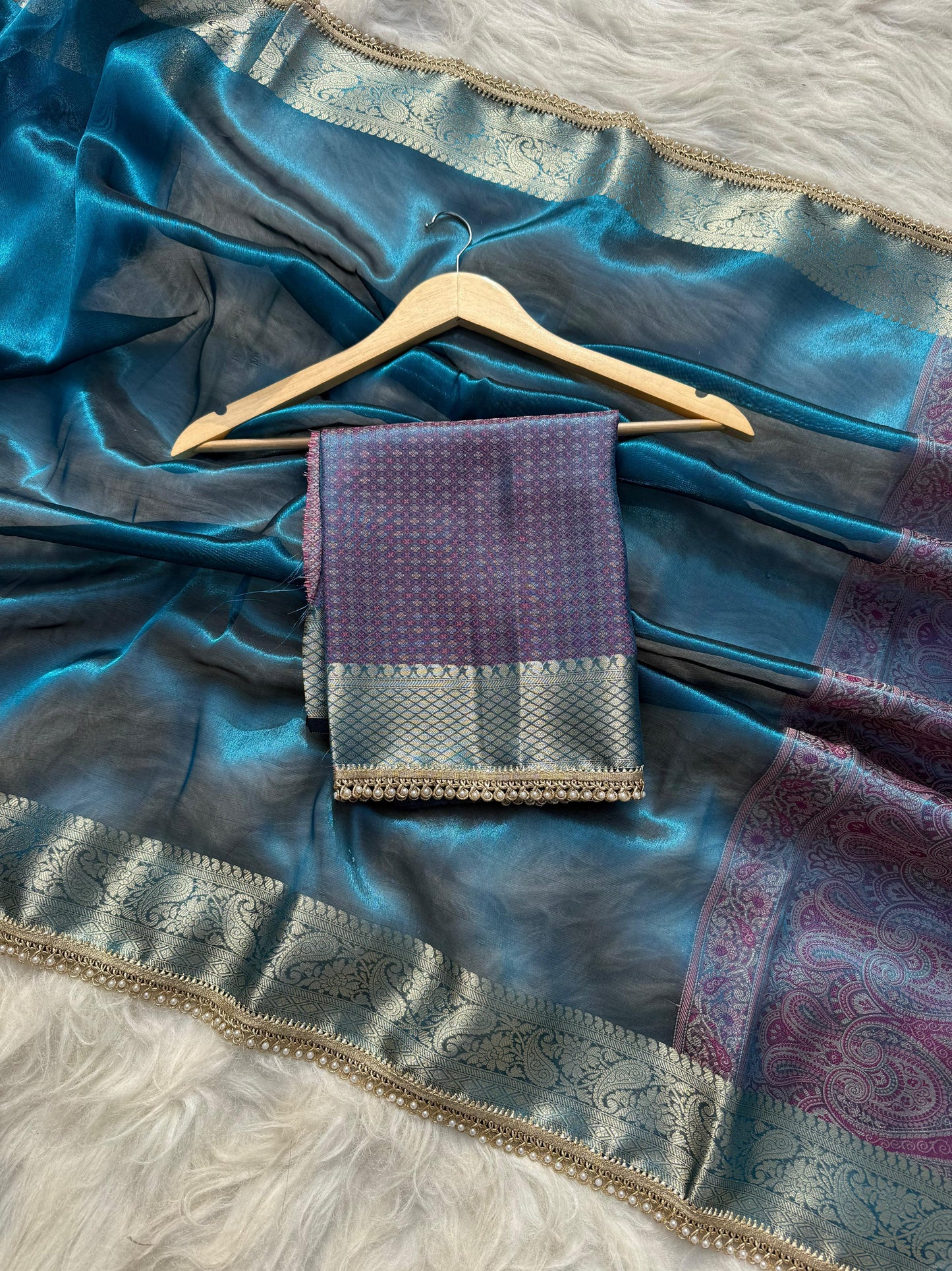 Sky Blue Soft Tissue Pashmina Silk Saree