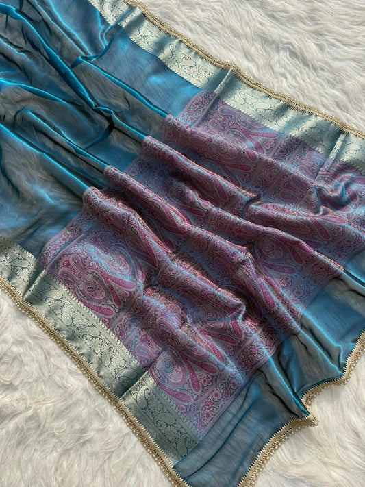 Sky Blue Soft Tissue Pashmina Silk Saree