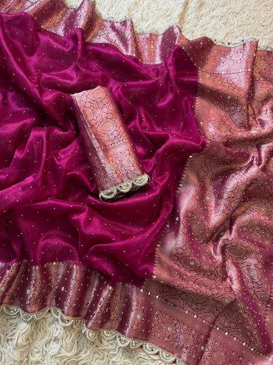 Rani Pink Banarasi soft tissue silk Saree