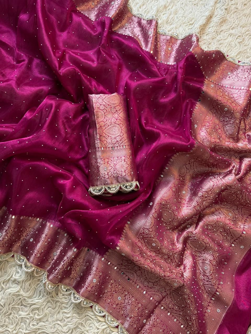 Rani Pink Banarasi soft tissue silk Saree