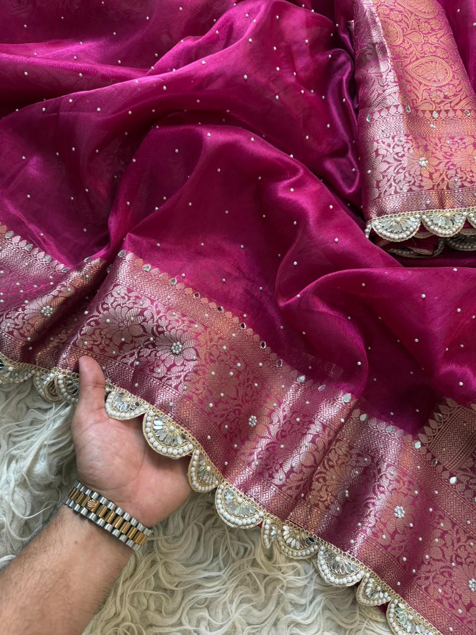 Rani Pink Banarasi soft tissue silk Saree