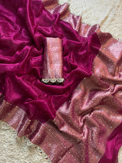 Rani Pink Banarasi soft tissue silk Saree