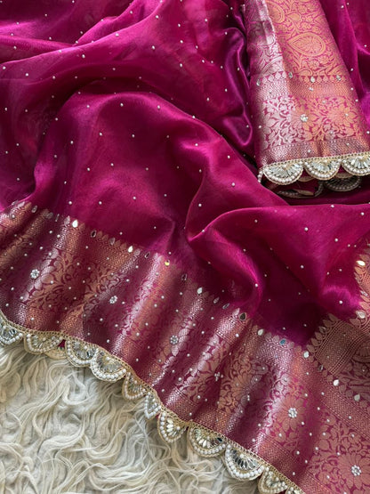 Rani Pink Banarasi soft tissue silk Saree