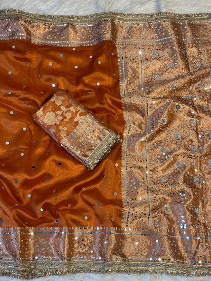 Rust Orange Banarasi Soft Tissue Silk Saree