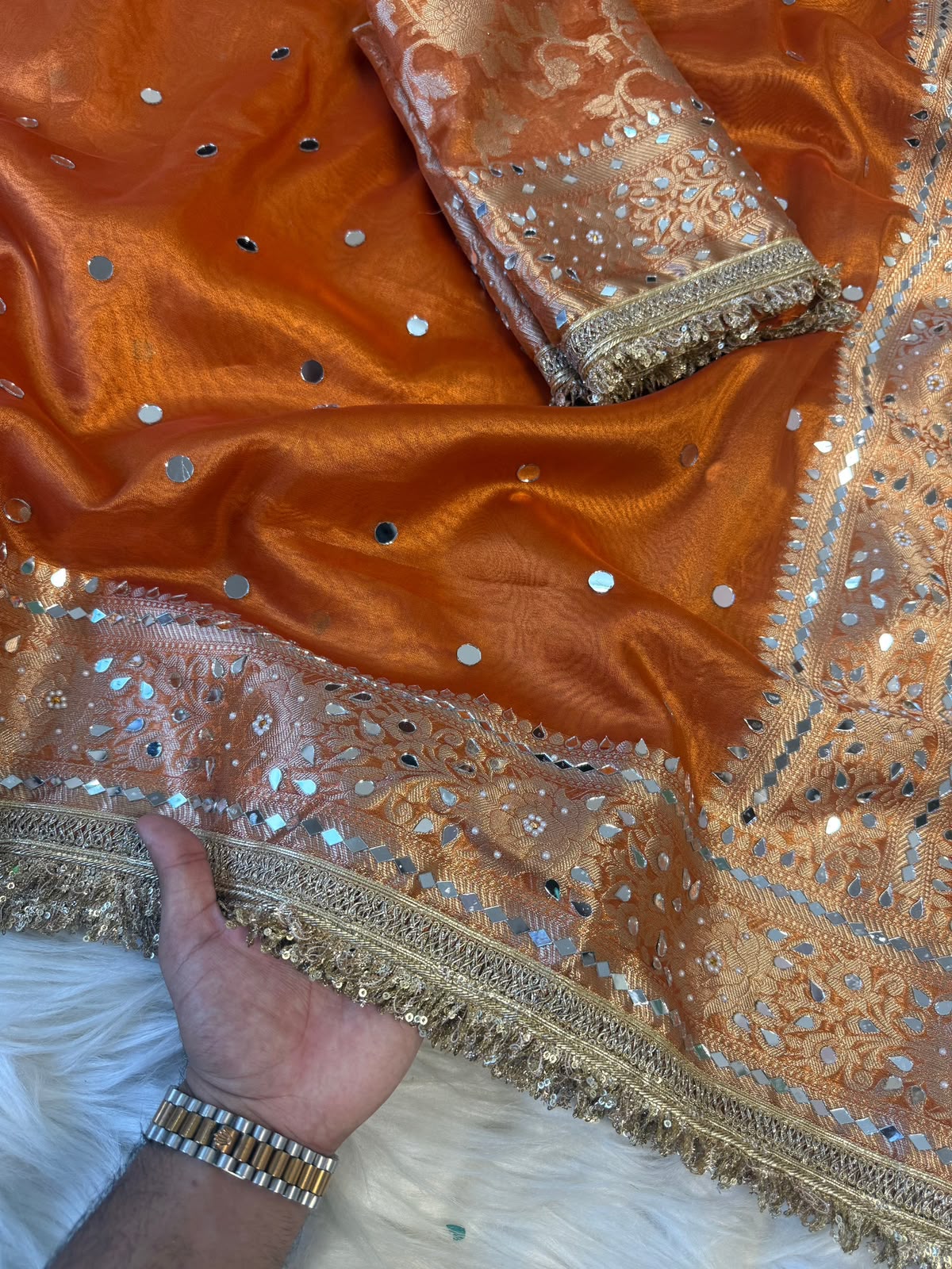 Rust Orange Banarasi Soft Tissue Silk Saree