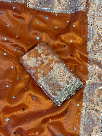 Rust Orange Banarasi Soft Tissue Silk Saree