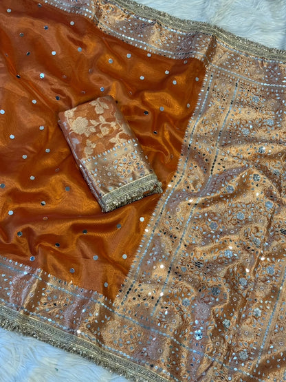 Rust Orange Banarasi Soft Tissue Silk Saree