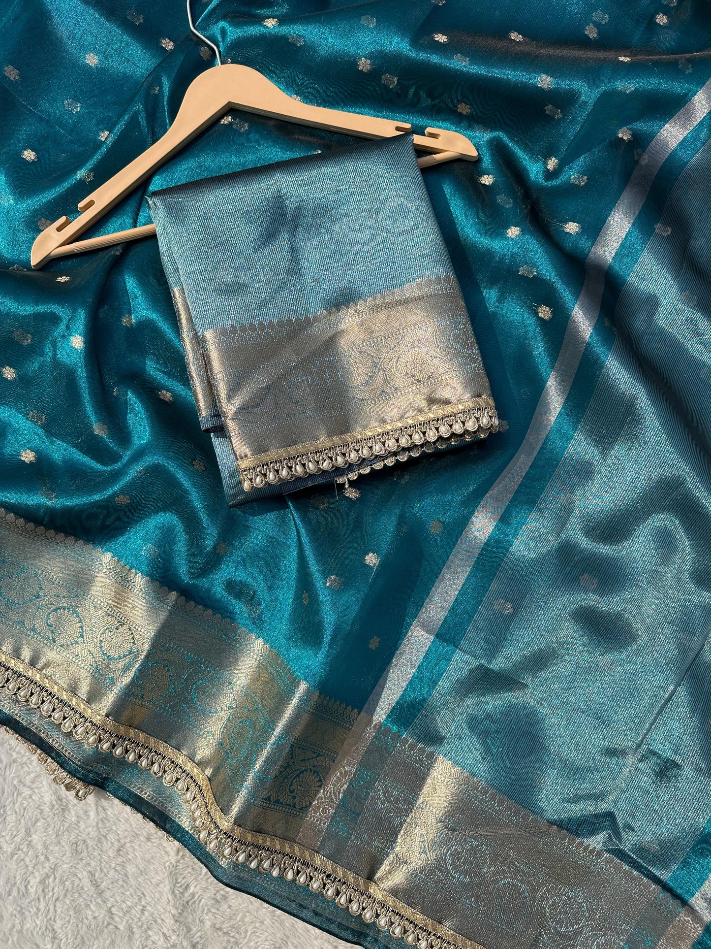Teal Blue Banarasi Soft Tissue Silk Saree