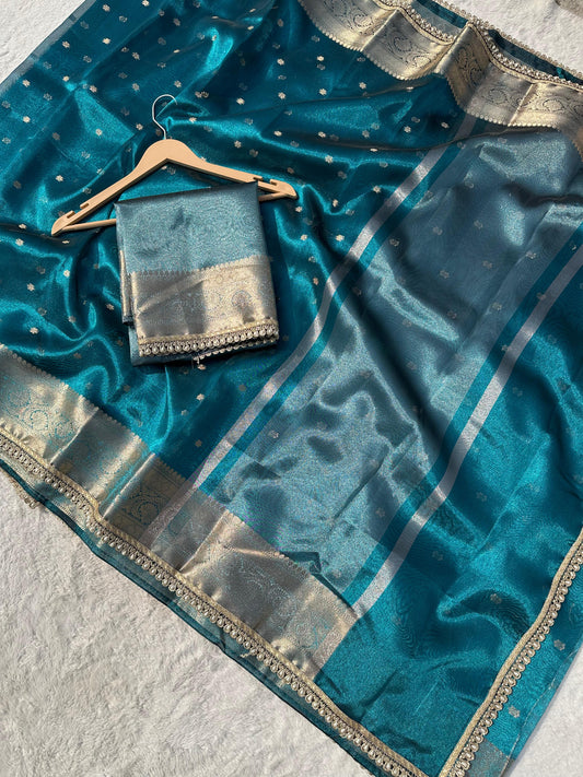 Teal Blue Banarasi Soft Tissue Silk Saree