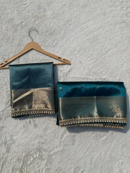 Teal Blue Banarasi Soft Tissue Silk Saree