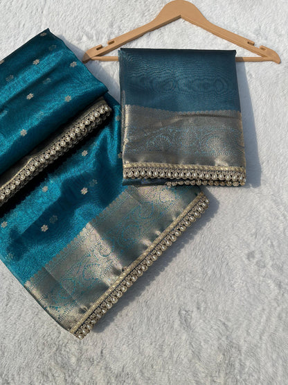 Teal Blue Banarasi Soft Tissue Silk Saree
