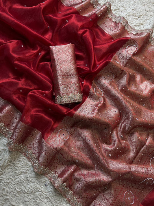 Red Banarasi Soft Tissue Silk Saree