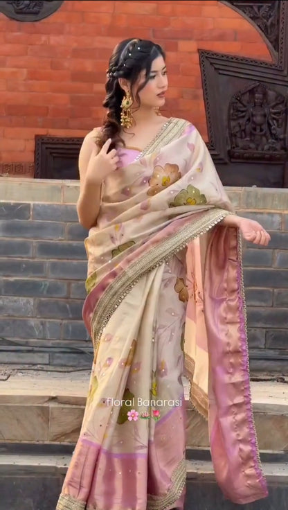 Beige Soft Banarasi Katan tissue silk