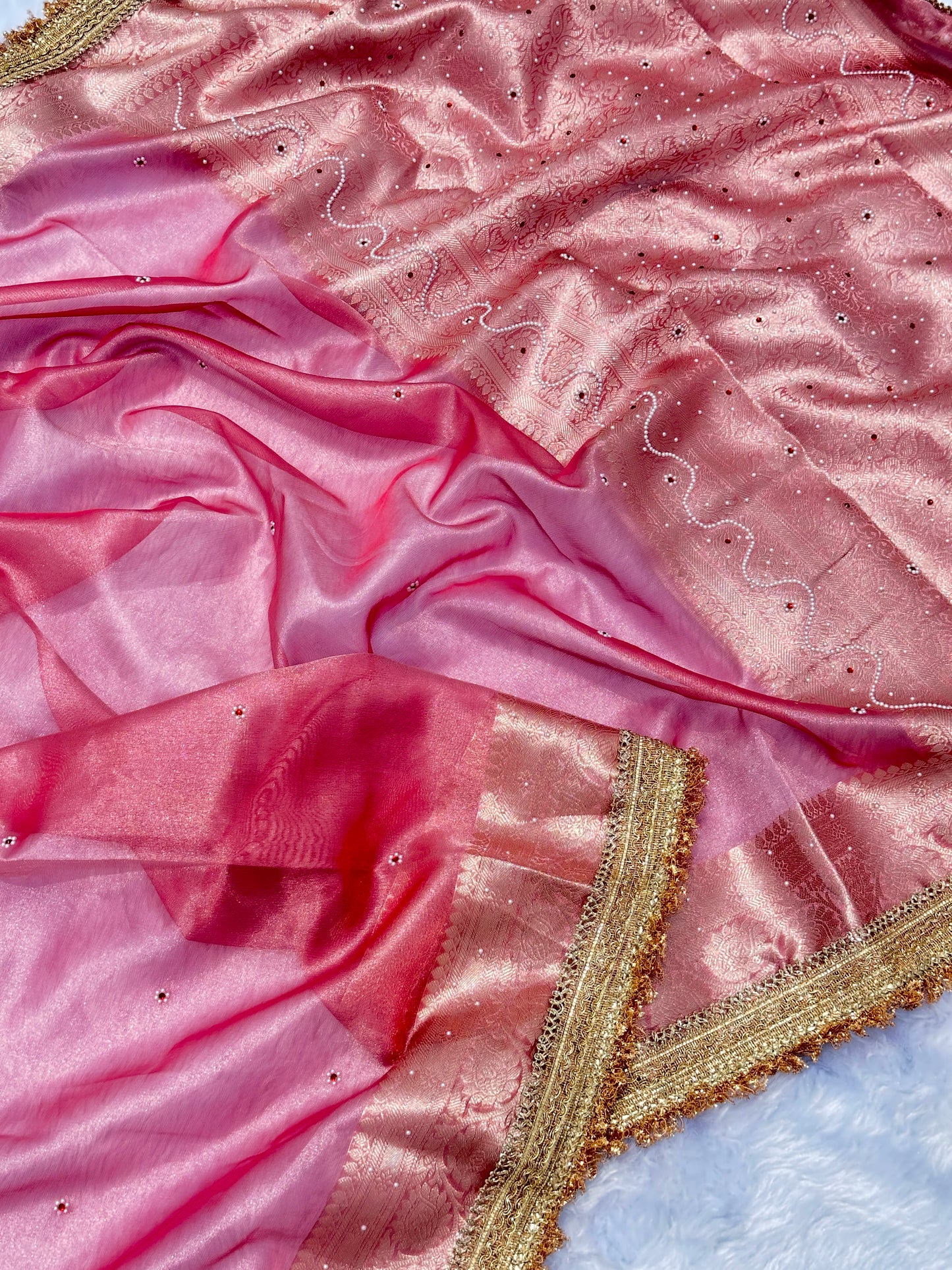 Powder Pink Banarasi Soft Maharani Glass Tissue Silk Saree