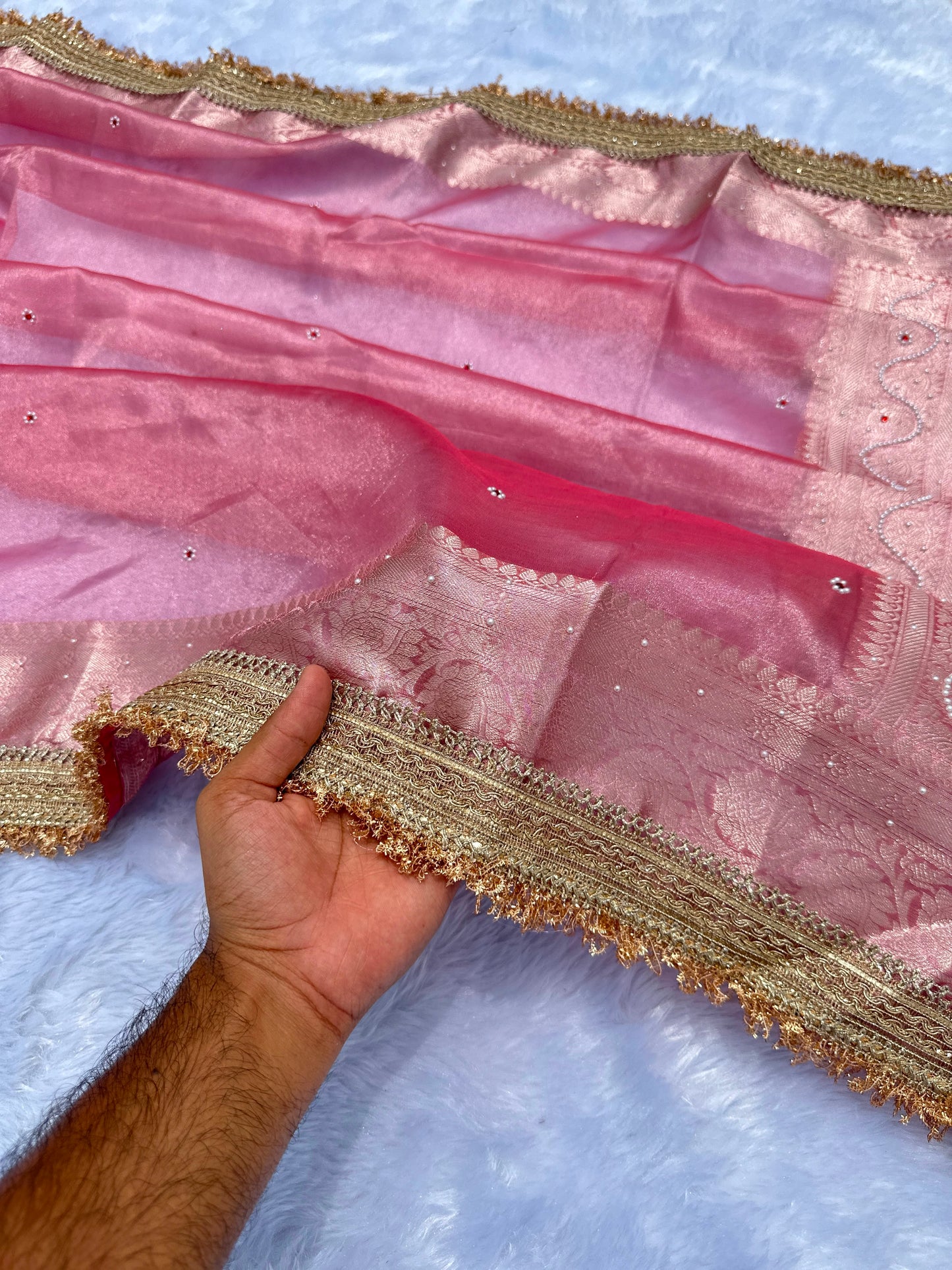 Powder Pink Banarasi Soft Maharani Glass Tissue Silk Saree