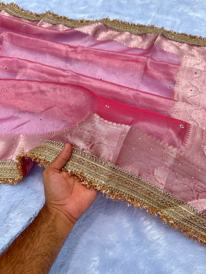 Powder Pink Banarasi Soft Maharani Glass Tissue Silk Saree