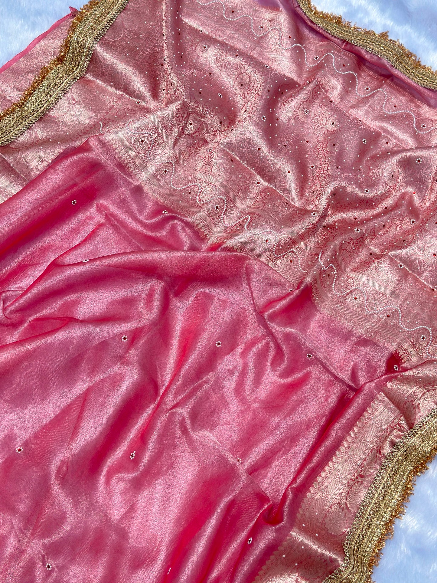Powder Pink Banarasi Soft Maharani Glass Tissue Silk Saree