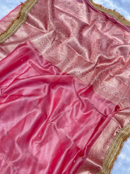 Powder Pink Banarasi Soft Maharani Glass Tissue Silk Saree