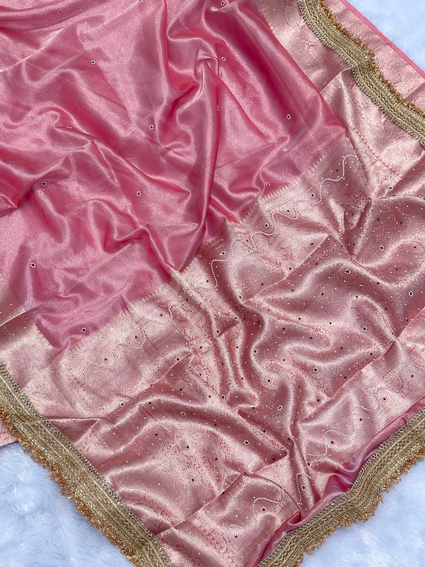 Powder Pink Banarasi Soft Maharani Glass Tissue Silk Saree