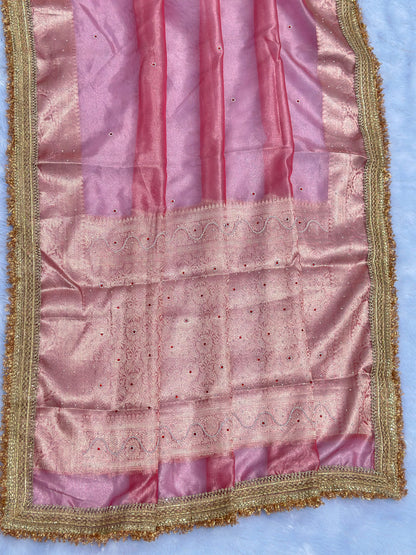 Powder Pink Banarasi Soft Maharani Glass Tissue Silk Saree