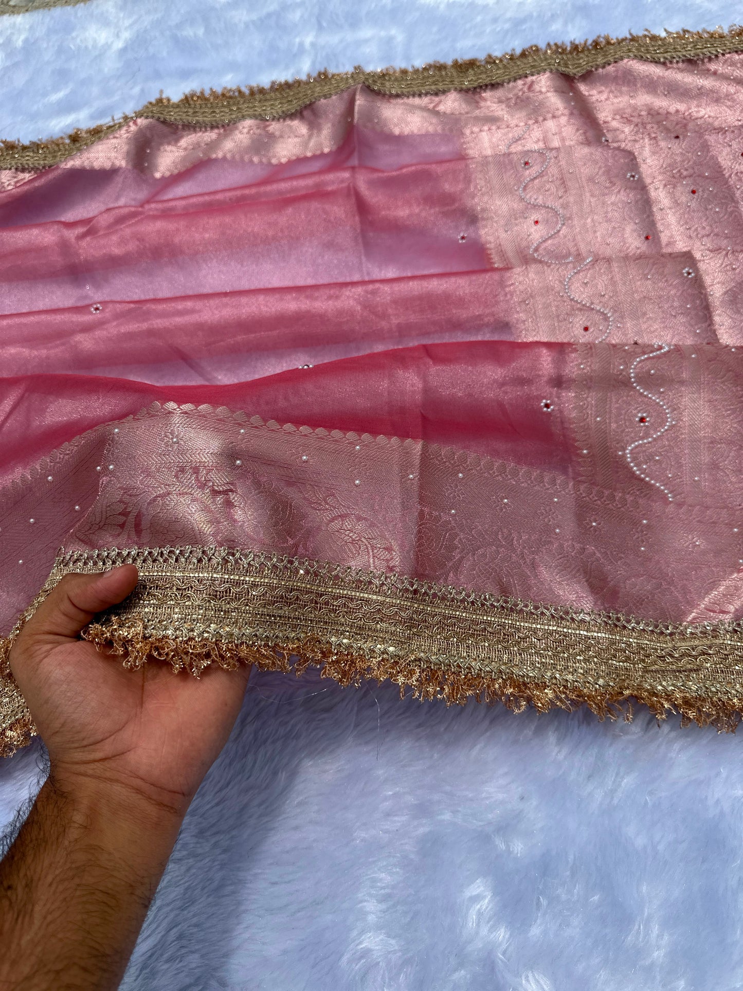 Powder Pink Banarasi Soft Maharani Glass Tissue Silk Saree