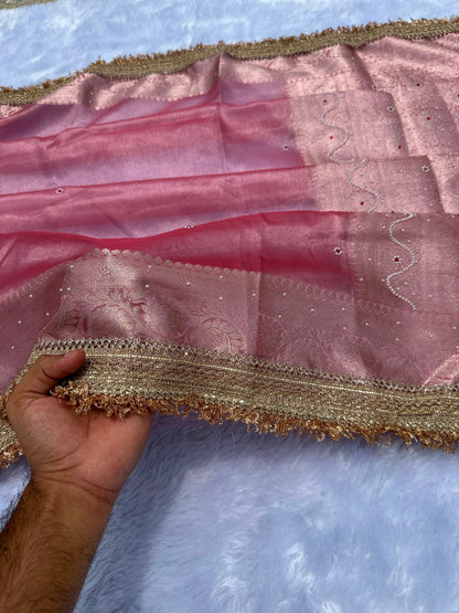 Powder Pink Banarasi Soft Maharani Glass Tissue Silk Saree