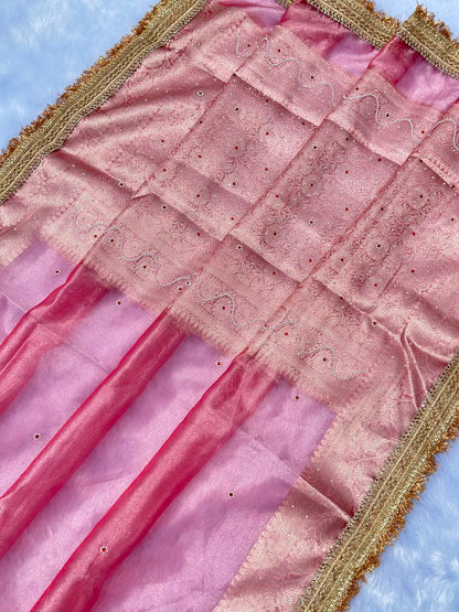 Powder Pink Banarasi Soft Maharani Glass Tissue Silk Saree