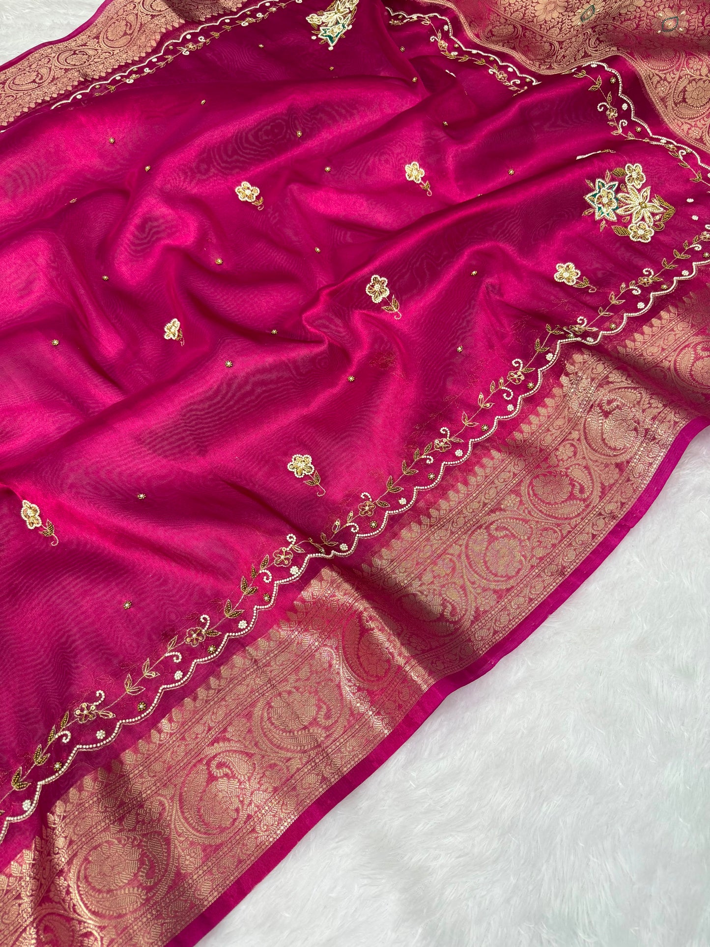 Rani Pink Banarasi Tissue Silk Saree with Floral Handwork & Rich Zari Border