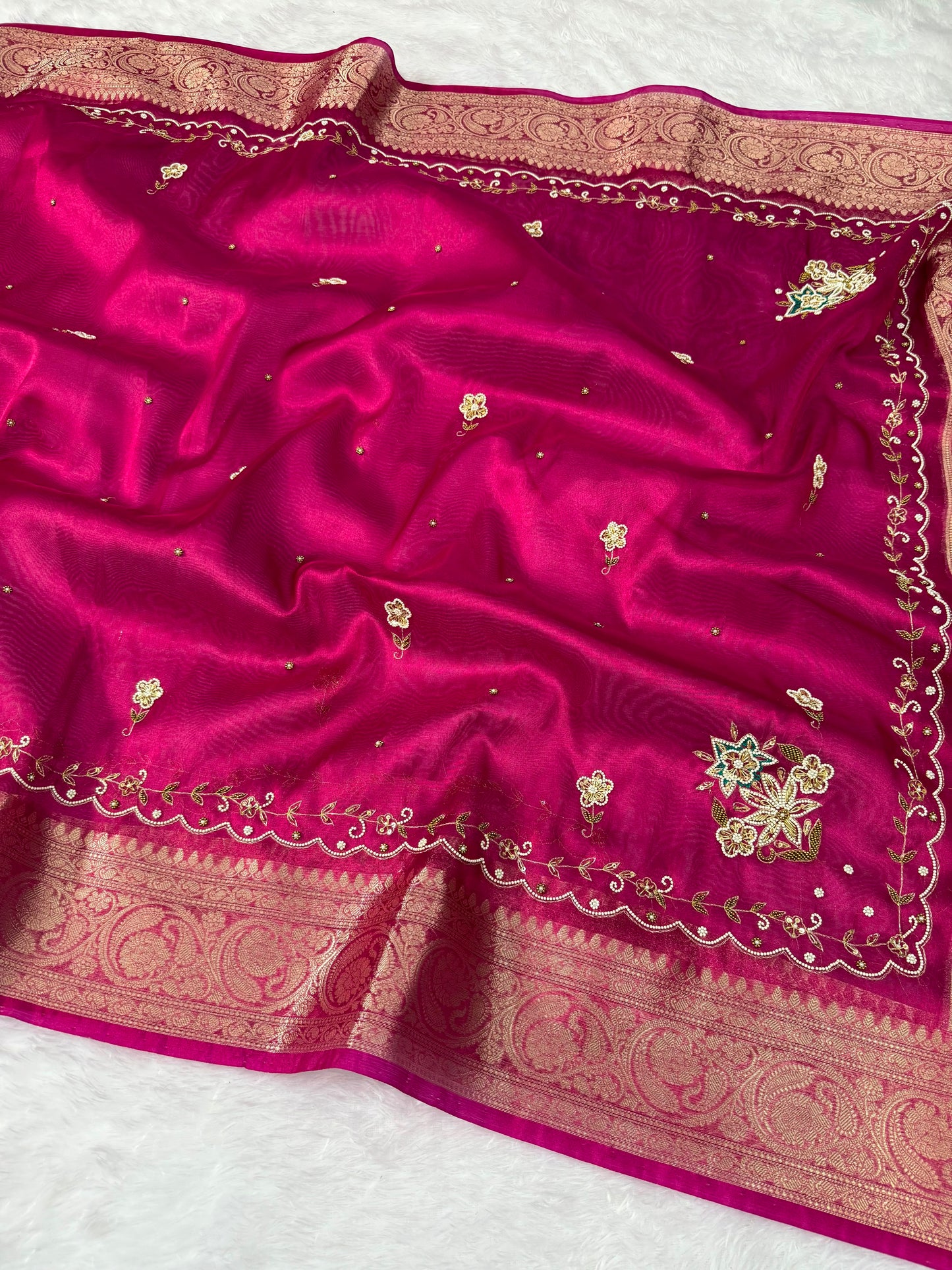 Rani Pink Banarasi Tissue Silk Saree with Floral Handwork & Rich Zari Border