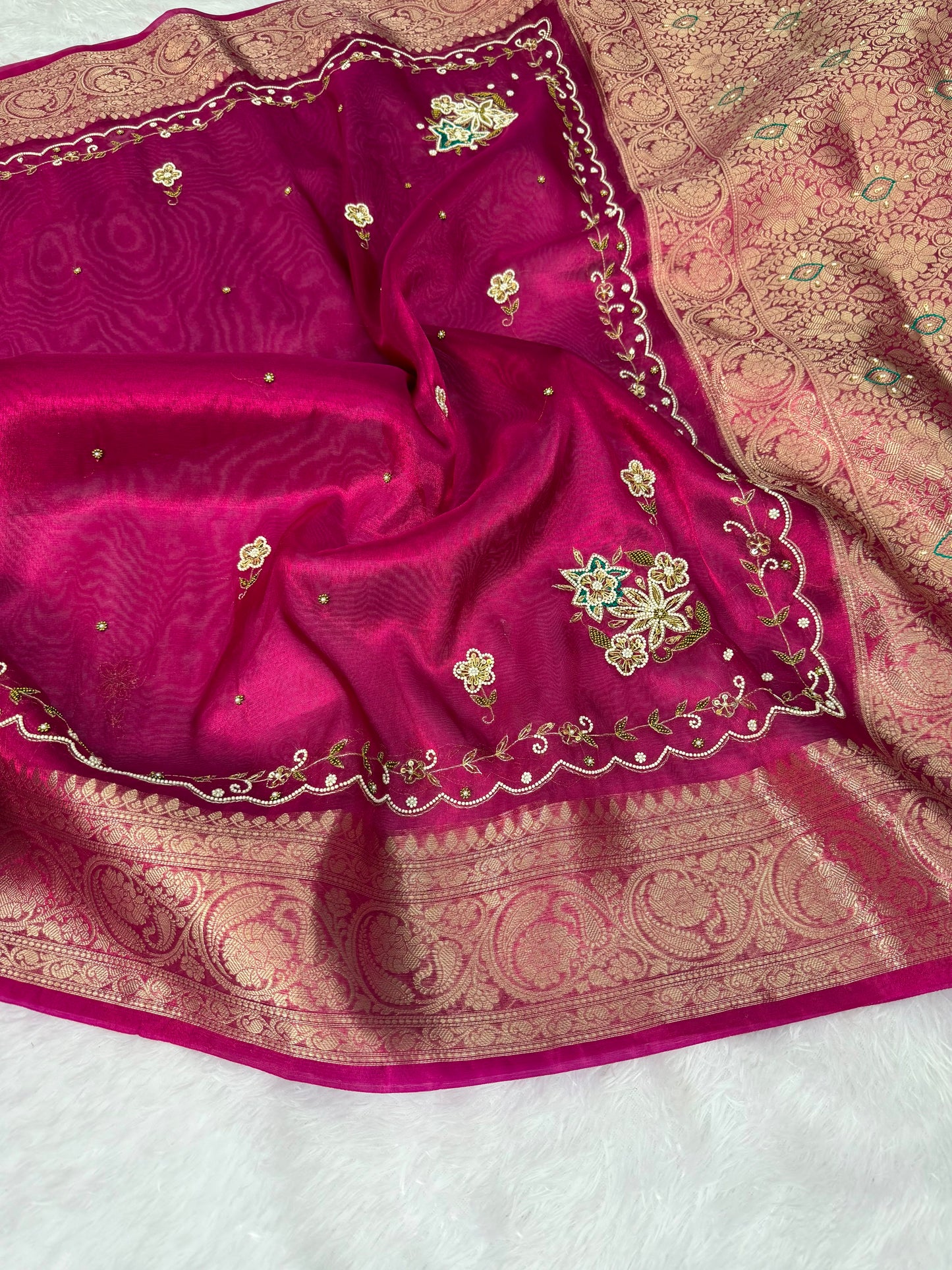 Rani Pink Banarasi Tissue Silk Saree with Floral Handwork & Rich Zari Border