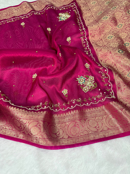 Rani Pink Banarasi Tissue Silk Saree with Floral Handwork & Rich Zari Border
