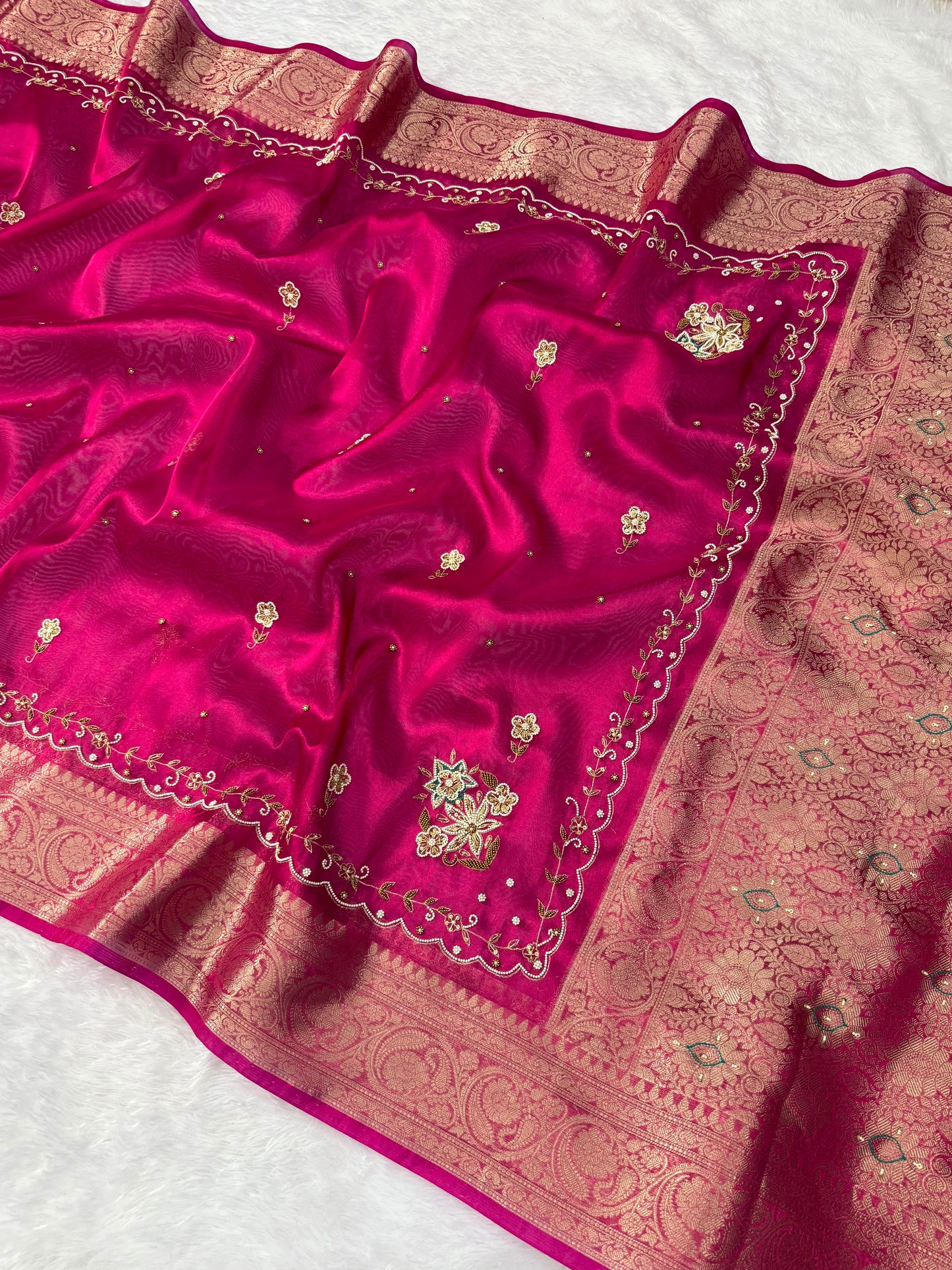 Rani Pink Banarasi Tissue Silk Saree with Floral Handwork & Rich Zari Border