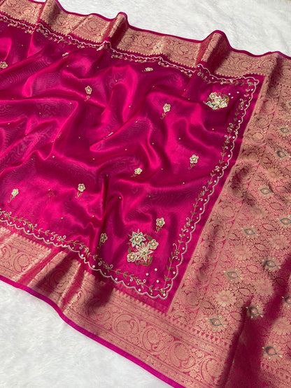 Rani Pink Banarasi Tissue Silk Saree with Floral Handwork & Rich Zari Border