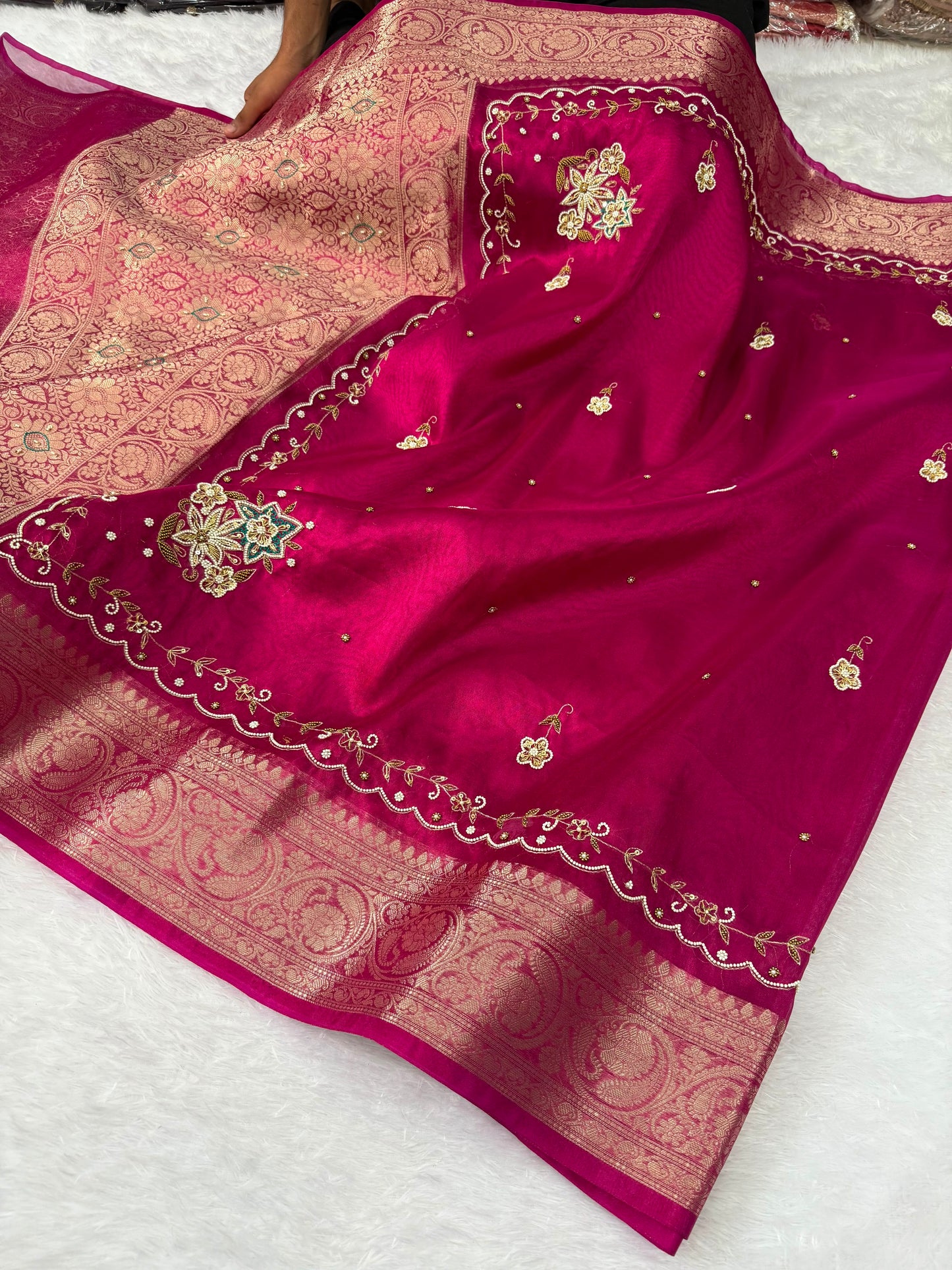 Rani Pink Banarasi Tissue Silk Saree with Floral Handwork & Rich Zari Border