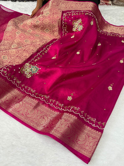 Rani Pink Banarasi Tissue Silk Saree with Floral Handwork & Rich Zari Border