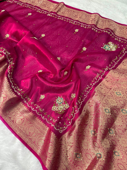 Rani Pink Banarasi Tissue Silk Saree with Floral Handwork & Rich Zari Border